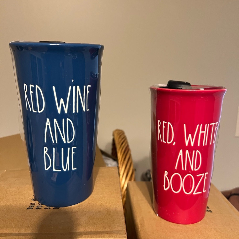 Red and Blue Set of Rae Dunn Ceramic Travel Mugs